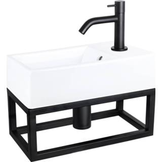 👉 Fonteinset wit zwart keramiek Differnz Force en Handoekrek 40x22x11.5 cm Met Gebogen Kraan Mat 8712793558355