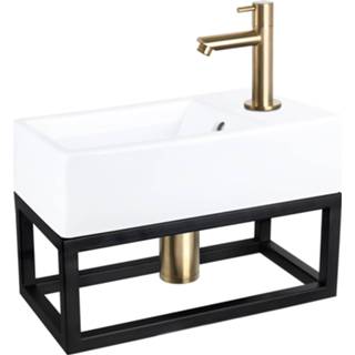 👉 Fonteinset wit keramiek goud Differnz Force en Handoekrek 40x22x11.5 cm Met Rechte Kraan Mat 8712793558461