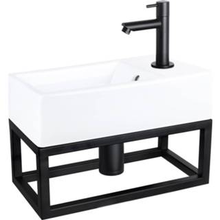 👉 Fonteinset wit zwart keramiek Differnz Force en Handoekrek 40x22x11.5 cm Met Rechte Kraan Mat 8712793558362