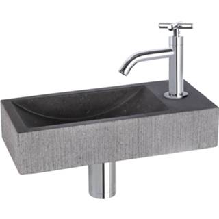 👉 Fonteinset zwart natuursteen chroom Differnz Ribble 38x18x8 cm Met Gebogen Kruis Kraan Mat 8712793559413