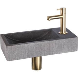 👉 Fonteinset zwart natuursteen goud Differnz Ribble 38x18x8 cm Met Rechte Kraan Mat 8712793559468