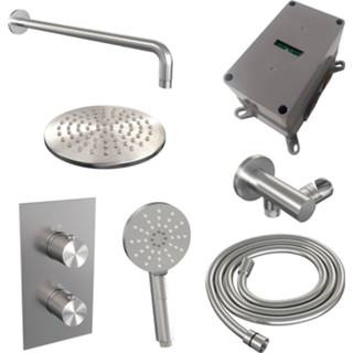 👉 Handdouche RVS Regendoucheset Inbouw Brauer Brushed Carving Thermostatisch 20cm met 3-Weg Omstelling, Gebogen Wandarm en 3-Standen Geborsteld 8720359394347