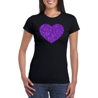 👉 Shirt active vrouwen paarse zwart t-shirt hart met glitters dames