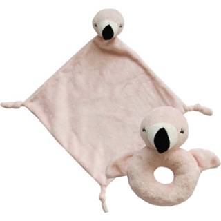 👉 Pluche dier roze kinderen dieren setje flamingo knuffel rammelaar 15 cm en tutteldoekje 40