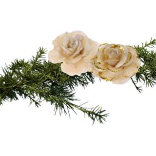 👉 Kerstboom goud 2x stuks decoratie bloemen rozen op clip 9 cm