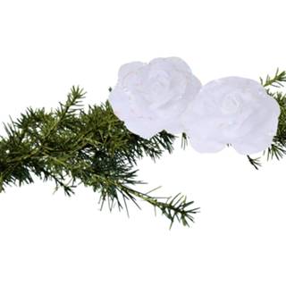 👉 Kerstboom wit 2x stuks decoratie bloemen rozen op clip 9 cm