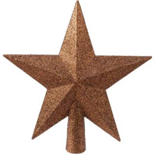 Kerstboom bruin kunststof ster piek/kerstboom topper met glitters kaneel 19 cm