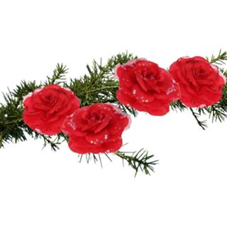 👉 Kerstboom rood 4x stuks decoratie bloemen rozen op clip 9 cm