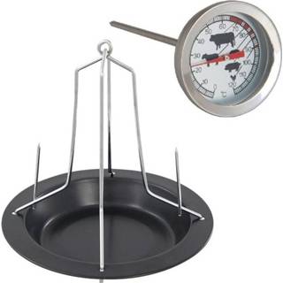 👉 Schotel zwart Stalen kippenspit/kiphouder met 20 x 18 cm vleesthermometer