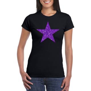 👉 Shirt zwart paarse katoen volwassenen vrouwen toppers - t-shirt ster met glitters dames