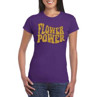 👉 Shirt paars gouden katoen volwassenen vrouwen toppers - Flower Power t-shirt met letters dames