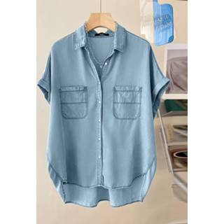 👉 Short sleeve polyester s vrouwen marine Denim High-low Pocket Button Front Lapel Blouse