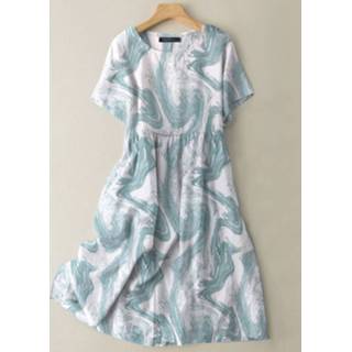 👉 Short sleeve polyester s vrouwen geel Marble Pattern Crew Neck Pocket Dress