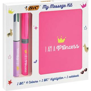 👉 Balpen stuks bic select roze true Message Kit Princess, 4 colours, markeerstift highlighter en notitieboekje ft A6 3086123558830