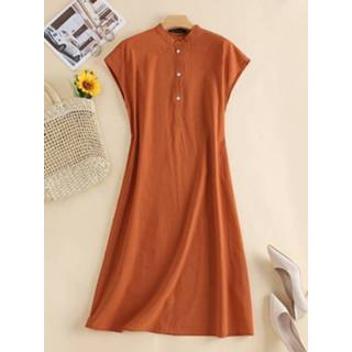 👉 Short sleeve cotton s vrouwen marine Solid Tie Back Button Front Stand Collar Dress