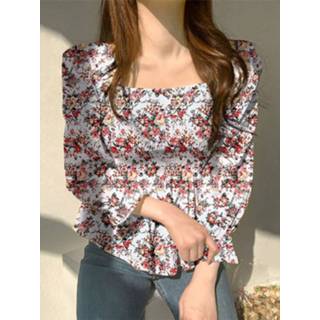 👉 Casual blouse polyester s vrouwen zwart Allover Flower Print Shirred Square Collar