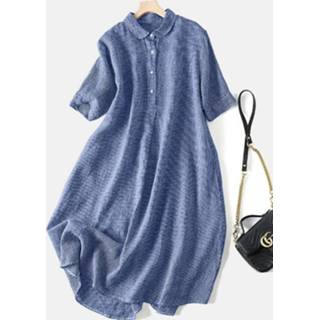 👉 Short sleeve polyester s vrouwen zwart Check Print Pocket Button Front Lapel Dress