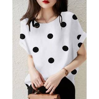 👉 Short sleeve polyester s vrouwen wit Dot Print Crew Neck Casual Blouse