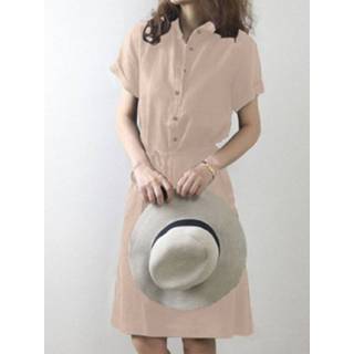 👉 Short sleeve polyester s vrouwen marine Solid Button Front Lapel Dress With Belt