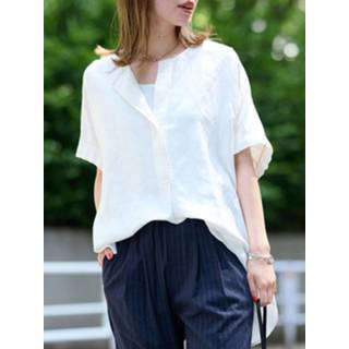 👉 Short sleeve cotton s vrouwen wit Solid High-low Button Crew Neck Casual Blouse