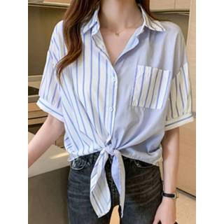 👉 Shirts korte mouw polyester s vrouwen zwart Stripe Print Button Front Pocket Lapel Tie Short Sleeve Shirt