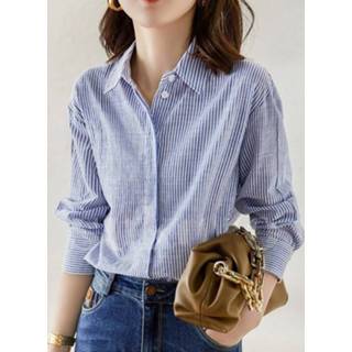 👉 Shirt lange mouw polyester s vrouwen zwart Women Stripe Print Lapel Button Long Sleeve