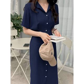 👉 Shirts korte mouw polyester s vrouwen purper Solid Button Front Lapel Tie Back Short Sleeve Shirt Dress