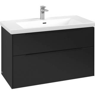 👉 Wastafel onderkast spaanplaat Volcano Black zwart Villeroy & Boch Subway 3.0 wastafelonderkast 100x55x45cm met greep 2 softclose lades 1 sifonuitsparing c57001vl 4062373824207