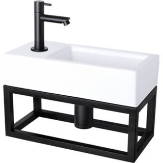 👉 Fonteinset wit zwart marmer Differnz Helios Met Handoekrek 37.5x18.5x9.5 cm Rechte Kraan Links Mat 8712793568996