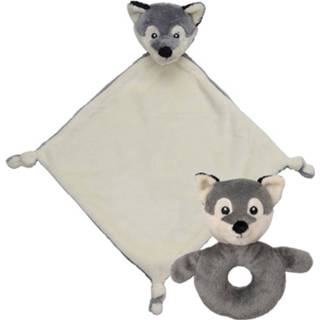 👉 Pluche dier baby dieren setje wolf knuffel rammelaar 15 cm en tutteldoekje 40