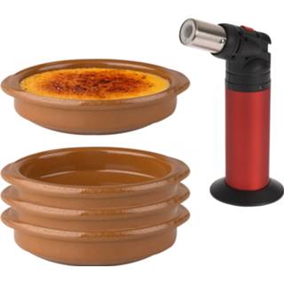 👉 Schaaltje bruine rode 5-Delige creme brulee set met schaaltjes en een brander