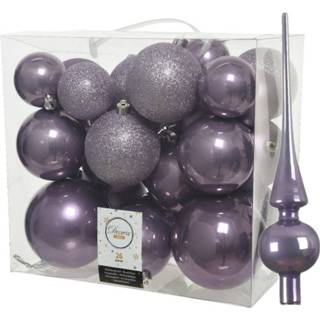 👉 Kerstbal lila paars kunststof glans Set van 26x stuks kerstballen incl. glazen piek