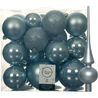 👉 Kerstbal blauw kunststof Set van 26x stuks kerstballen incl. glazen piek mat lichtblauw