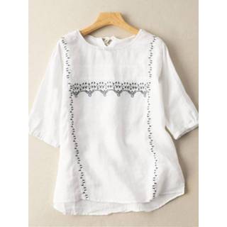 👉 Short sleeve polyester s vrouwen wit Embroidery Tie Back Crew Neck Casual Blouse