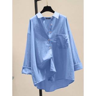 👉 Shirt lange mouw polyester s vrouwen wit Solid Pocket High-low Button Front Long Sleeve