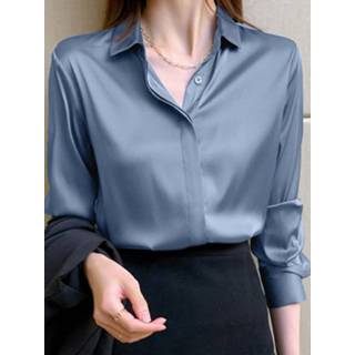 👉 Shirt lange mouw polyester s vrouwen wit Solid Satin Button Lapel Long Sleeve