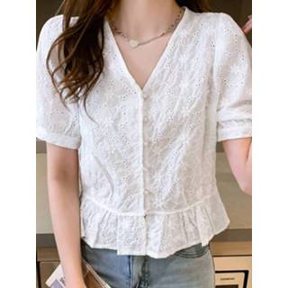 👉 Short sleeve polyester s vrouwen zwart Floral Embroidery Ruffle Hem V-neck Blouse