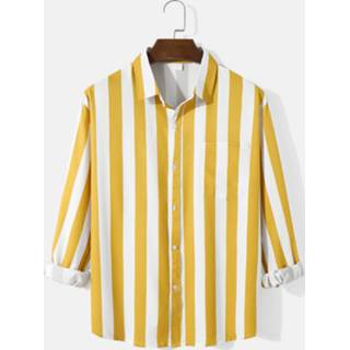 👉 Shirt lange mouw polyester s male zwart Mens Striped Chest Pocket Button Up Long Sleeve Shirts