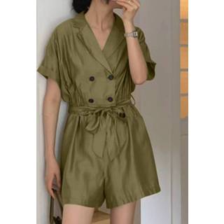 👉 Short sleeve polyester s vrouwen zwart Solid Double Breasted Pocket Romper With Belt