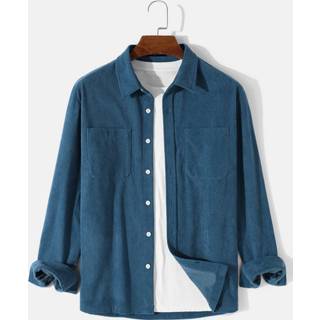 👉 Shirt lange mouw polyester s male blauw Mens Corduroy Double Pocket Solid Color Long Sleeve Shirts