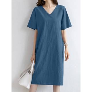 Short sleeve cotton s vrouwen geel Solid Slit Hem Loose V-neck Dress