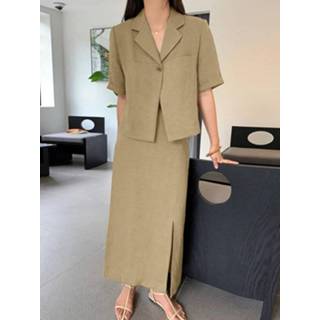 👉 Short sleeve polyester s vrouwen zwart Solid Slit Hem Lapel Top Skirt Two Pieces Suit