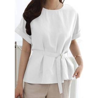 Short sleeve polyester s vrouwen zwart Solid Belt Crew Neck Casual Blouse