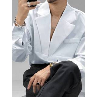 👉 Shirt lange mouw polyester large s male zwart Mens Lapel Patchwork Long Sleeve Shirts