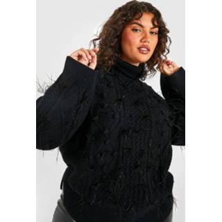👉 Plus Grof Gebreide Trui Met Col En Veren, Black