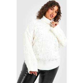 👉 Plus Grof Gebreide Trui Met Col En Veren, Cream