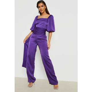 👉 Satijnen Wide Leg Jumpsuit Met Pofmouwen, Jewel Purple