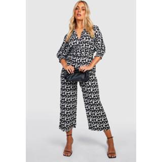 👉 Plus Abstracte Geplooide Jumpsuit Met Blouse Top, Brown