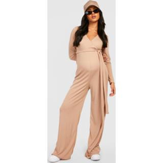 👉 Zwangerschap Geribbelde Wikkel Wide Leg Jumpsuit Met Ceintuur En Lange Mouwen, Stone