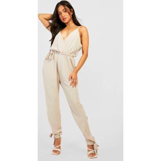 Petite Jumpsuit Met Ceintuur, Mouwstrikjes En Bandjes, Stone